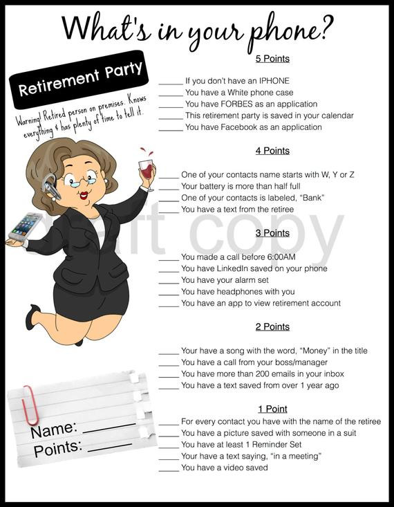 Retirement Party Game Ideas
 Retirement Party Game Whats in your phone