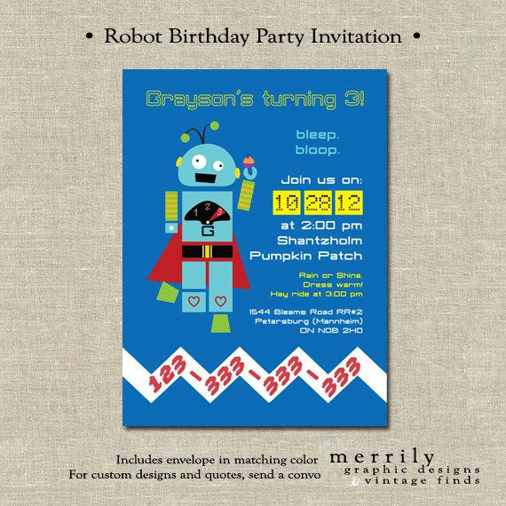 Robot Birthday Invitations
 Robot Birthday Party Invitation by MERRILYDESIGNS on Etsy