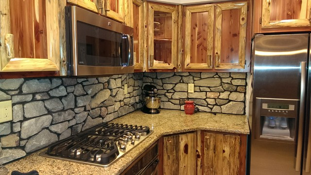 Rustic Kitchen Backsplashes
 Rustic Red Cedar Kitchen with cultured Stone Backsplash