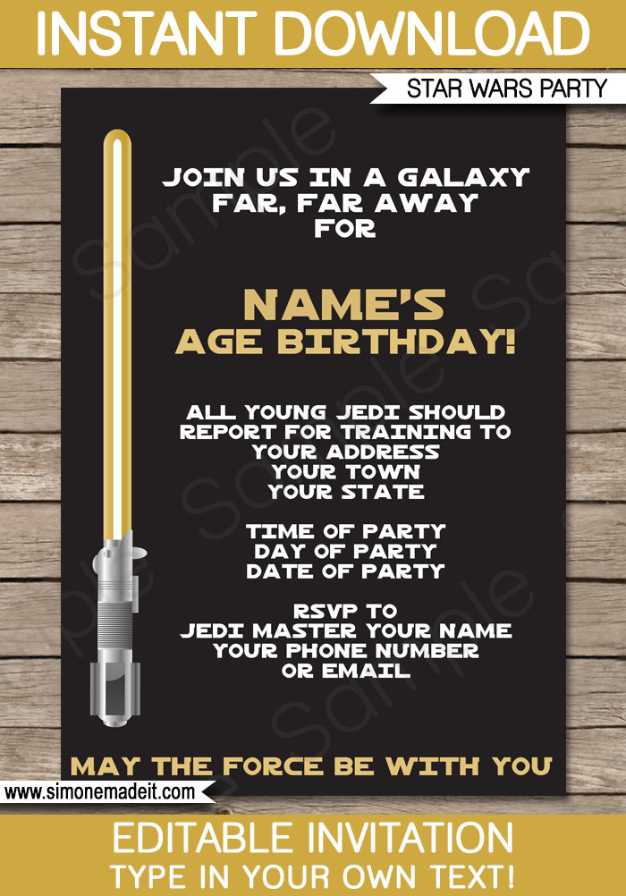 Star Wars Birthday Party Invitation
 Gold Star Wars Invitations Editable Template