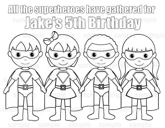 Superhero Boys Coloring Pages
 Personalized Printable SuperHero boy girl group Birthday