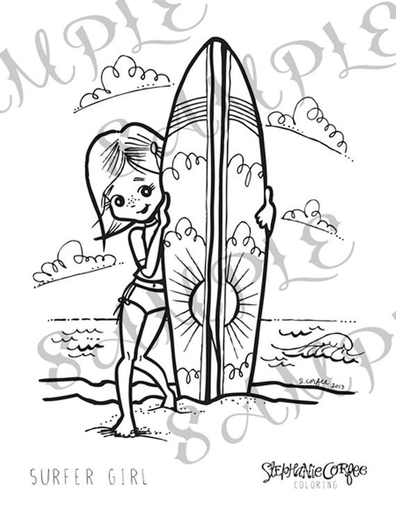 Surfing Coloring Pages
 Items similar to Surfer Girl Coloring Page Instant