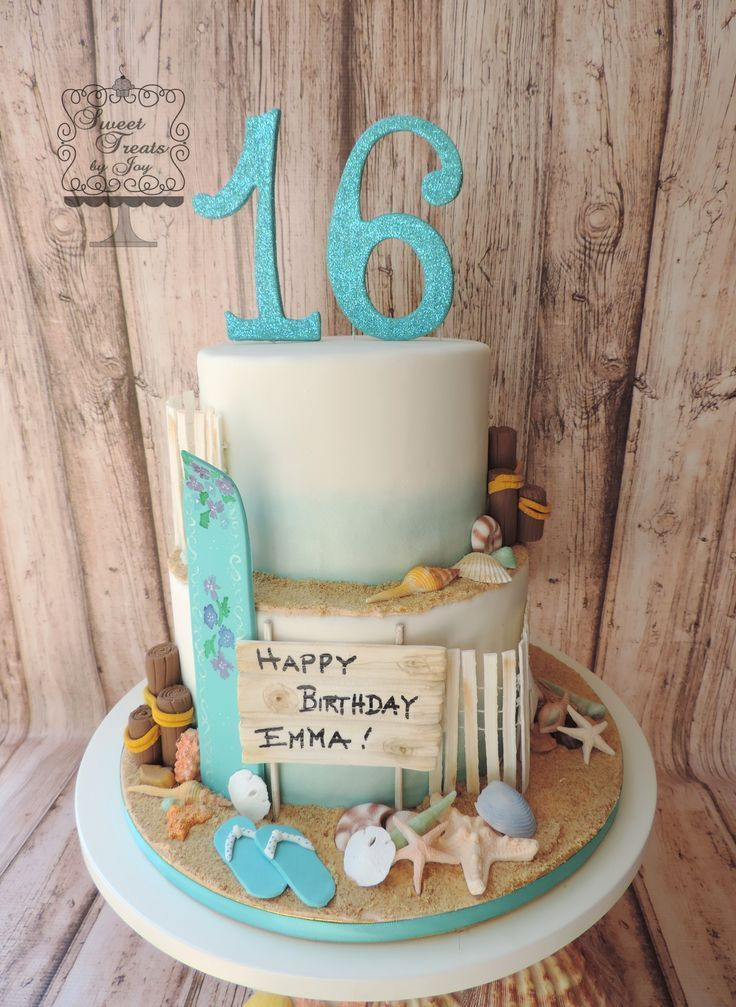 Sweet Sixteen Party Ideas For Summer
 Beach cake for Sweet 16 birthday Surfboard shells and