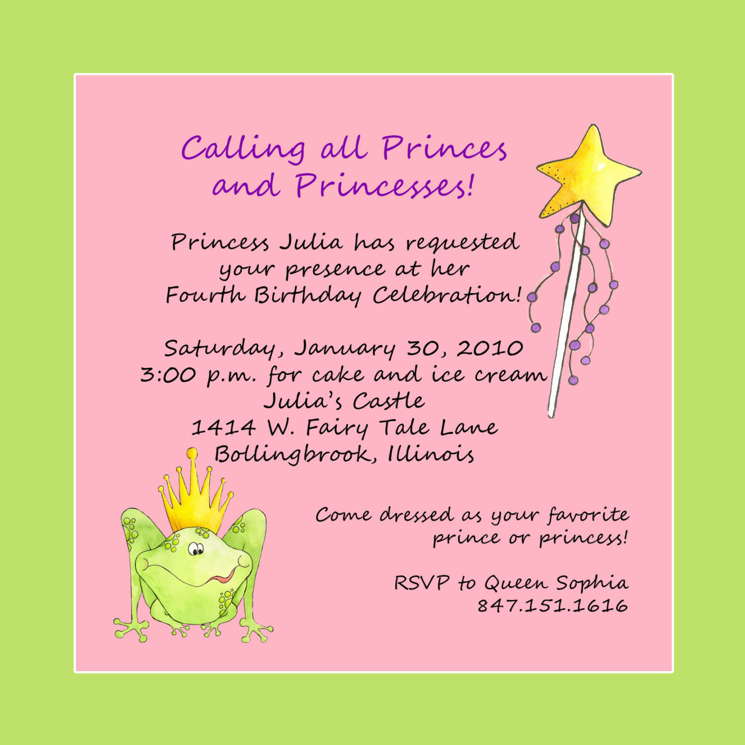 Text Birthday Invitations
 Princess Theme Birthday Party Invitation Custom Wording