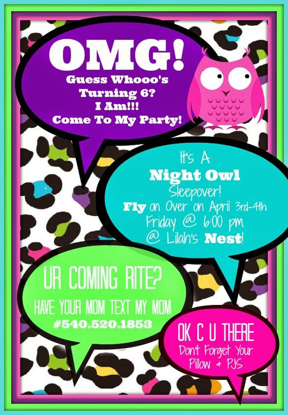 Text Birthday Invitations
 Night Owl Party Invitations Tween Party Ideas Text