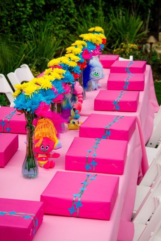 Trolls Pool Birthday Party Ideas
 Trolls themed birthday party kids table decoration with