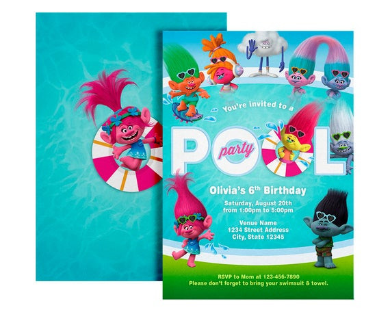 Trolls Pool Birthday Party Ideas
 Trolls Pool Party Invitation Trolls Birthday Invitation