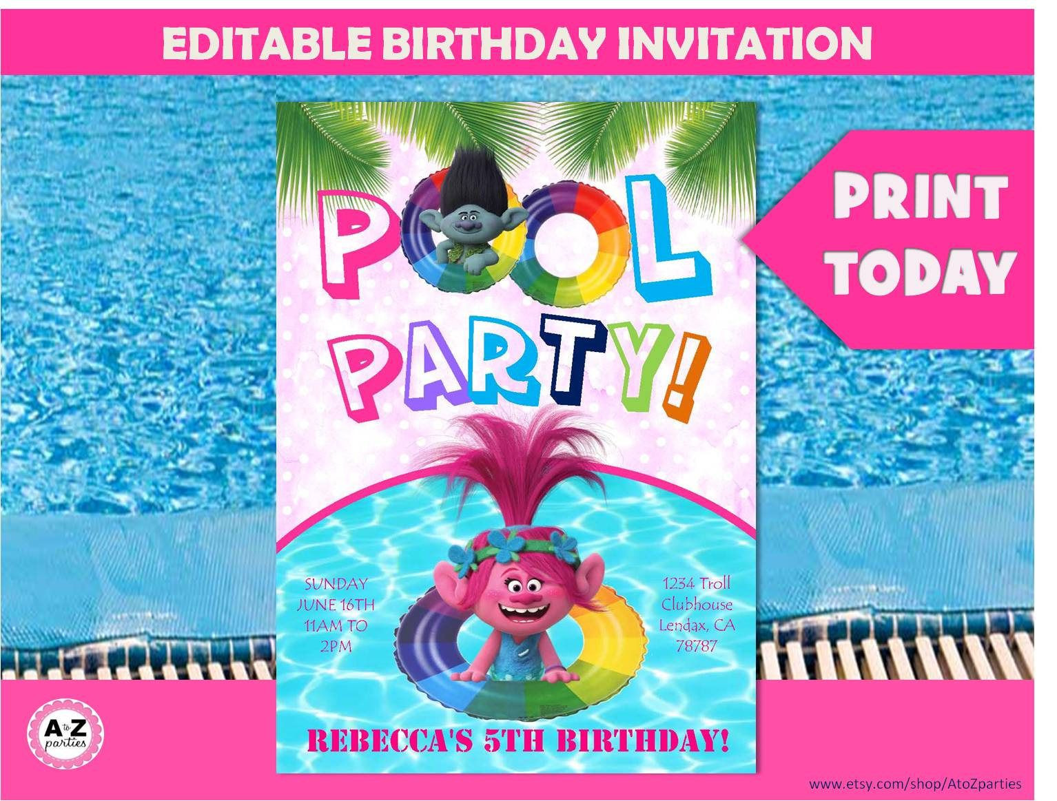 Trolls Pool Birthday Party Ideas
 Trolls Pool Party birthday invitation Editable Trolls