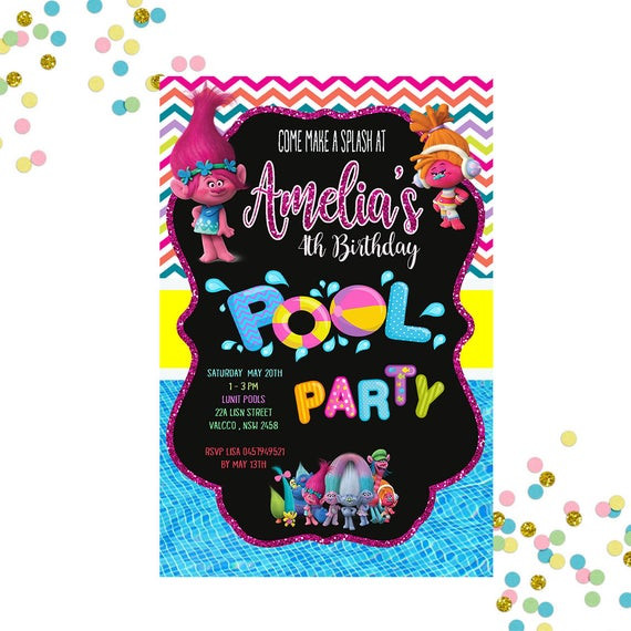 Trolls Pool Party Ideas
 Pool Party Invitation Trolls Invitation Trolls Birthday