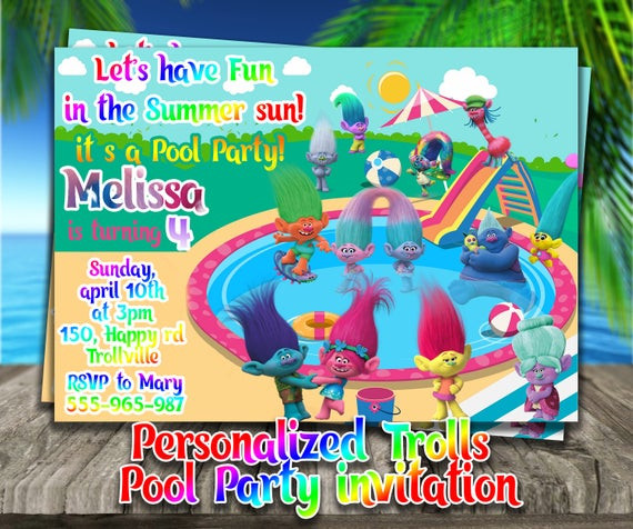 Trolls Pool Party Ideas
 PERSONALIZED TROLLS Pool Party INVITETrolls birthday party
