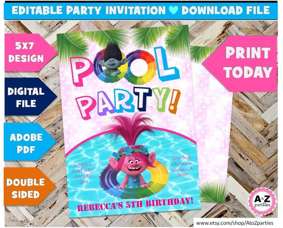 Trolls Pool Party Ideas
 Trolls Pool Party birthday invitation Editable Trolls Edit