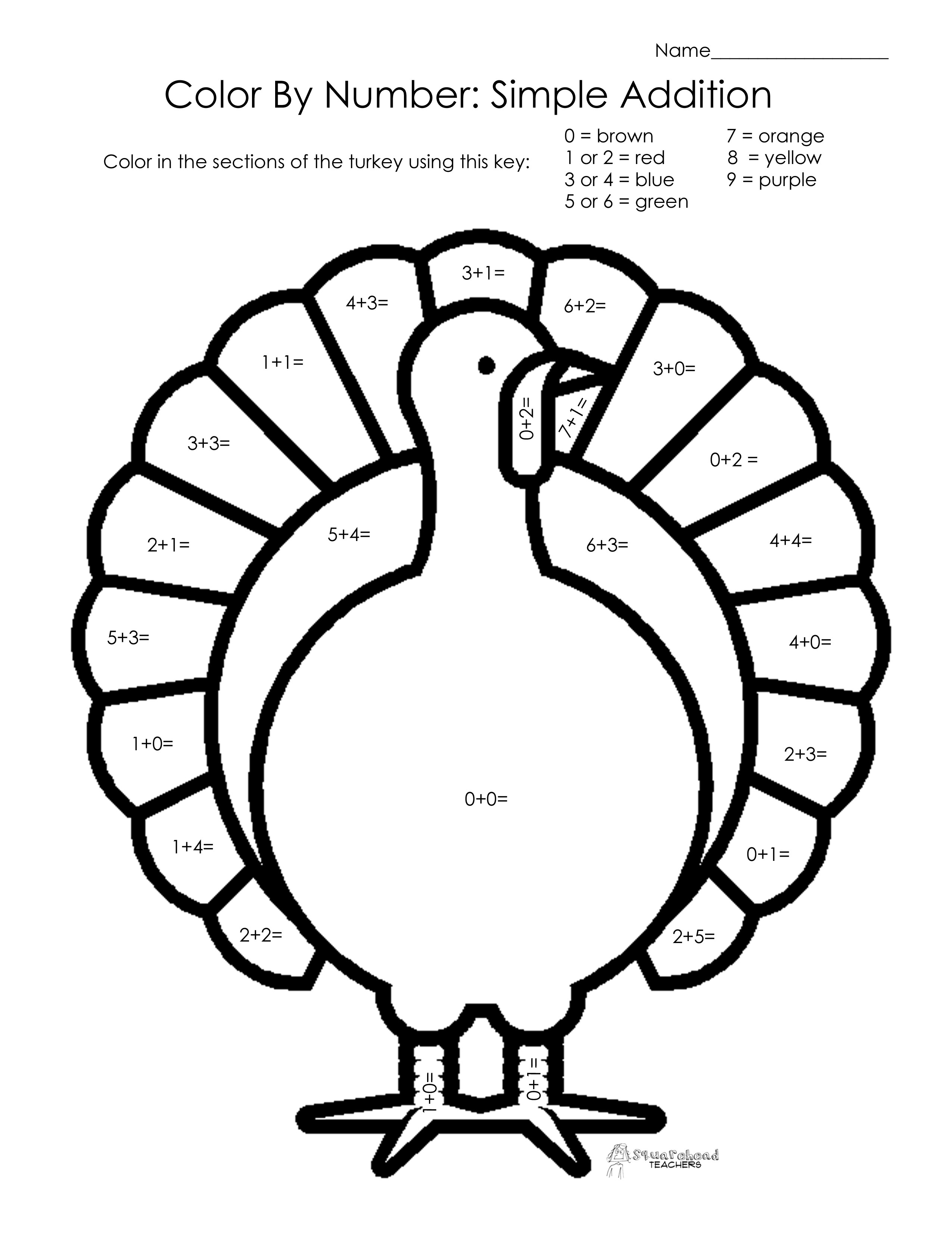 Turkey Printable Coloring Pages
 Thanksgiving Color By Number Simple Addition