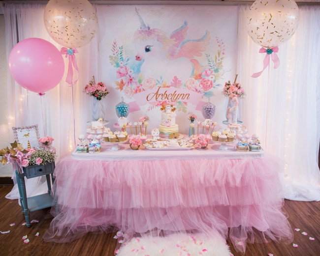 Unicorn Party Table Ideas
 Baby Unicorn Themed First Birthday Party Pretty My Party