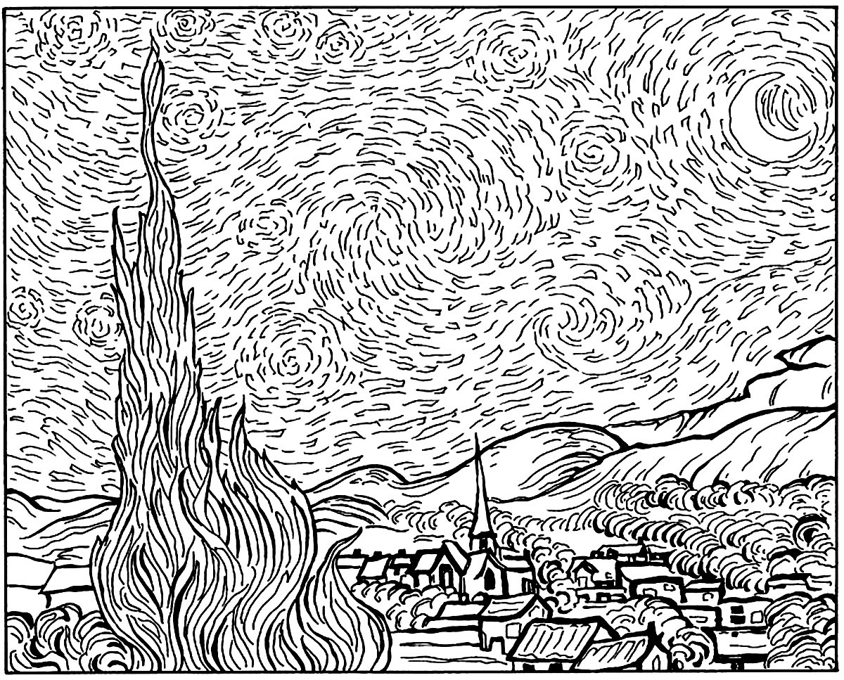 Van Gogh Coloring Pages
 Van gogh starry night Masterpieces Adult Coloring Pages