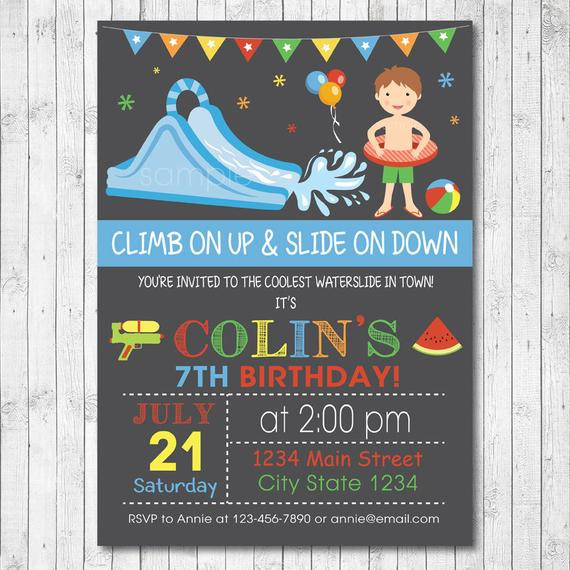 Water Slide Birthday Party Invitations
 Water Slide Birthday Party Invitation Card Boy by