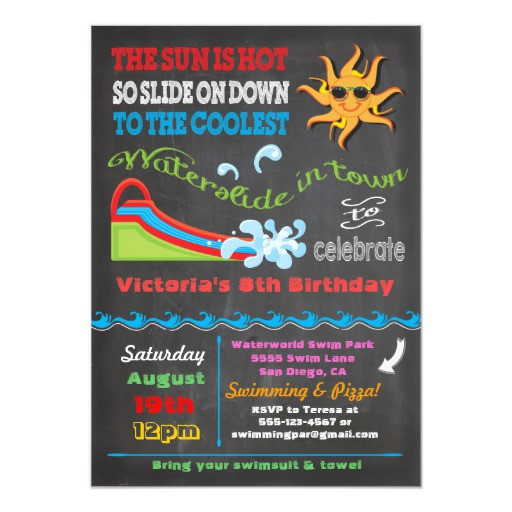 Water Slide Birthday Party Invitations
 Chalkboard Water slide Pool birthday party 5x7 Paper