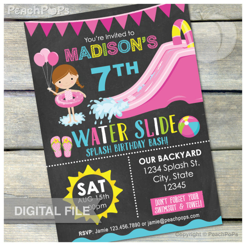 Water Slide Birthday Party Invitations
 Waterslide Birthday Party Bash Invitation Chalkboard by