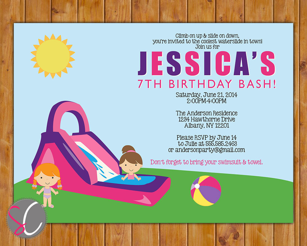 Water Slide Birthday Party Invitations
 Waterslide Birthday Party Invite Girl s Pink Purple Pool