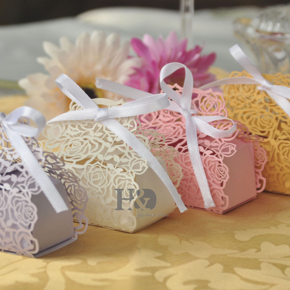 Wedding Favor Gift Ideas
 Rose Laser Cut Cake Candy Gift Boxes with Ribbon Wedding