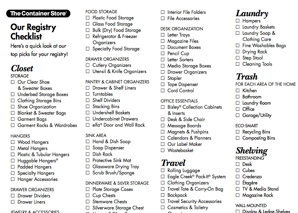 Wedding Gift Registry Ideas
 Wedding registry checklist from the Container Store