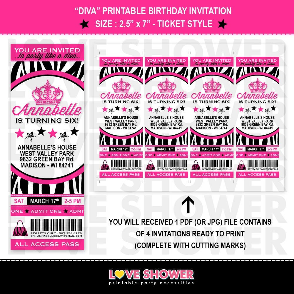 Where To Print Birthday Invitations
 Diva Birthday Invitation Ticket Style Zebra Print Hot Pink