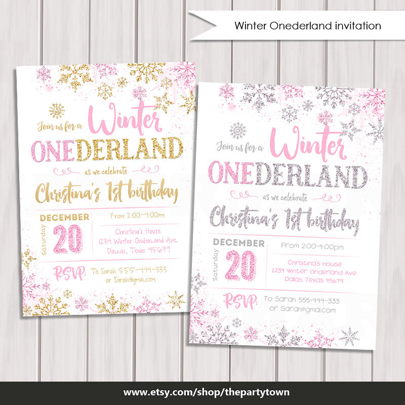Winter One Derland Birthday Invitations
 WINTER ONEDERLAND INVITATION Pink and Silver First Birthday