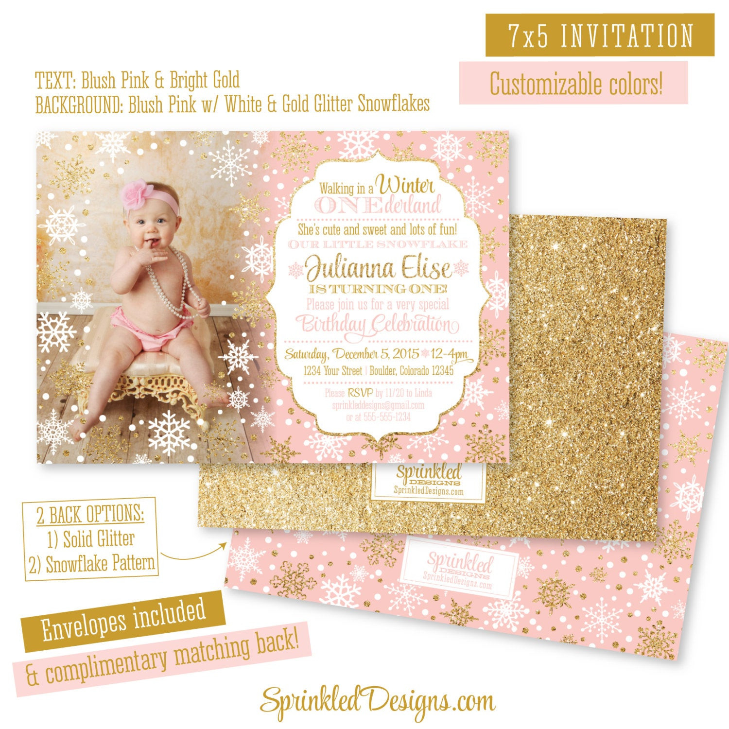 Winter One Derland Birthday Invitations
 Winter ONEderland Invitation Girl Card Blush Pink Gold
