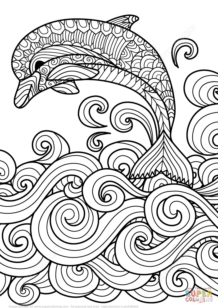 Zentangle Coloring Sheets For Boys
 Coloriage Dauphin avec la vague de mer défilant en