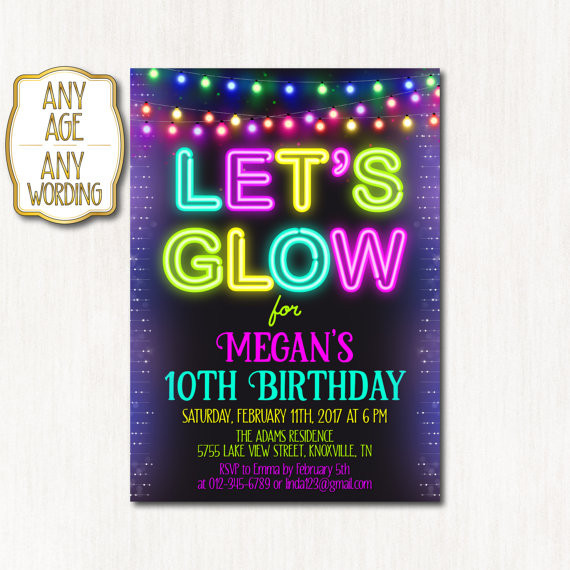 10Th Birthday Party Places
 10th birthday invitation Neon birthday party NEON tenth