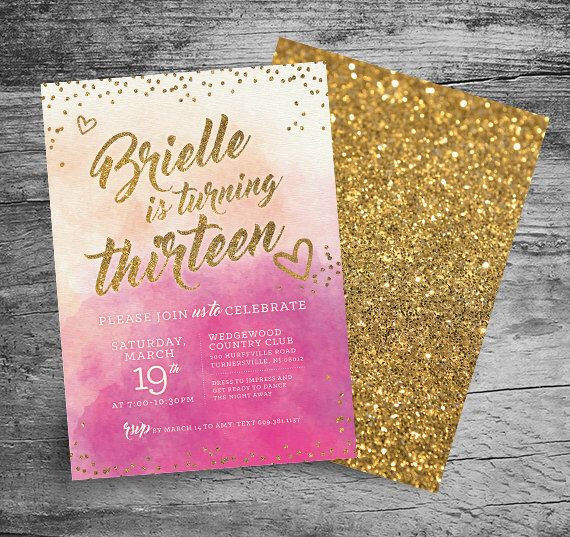 13Th Birthday Party Ideas At Home
 13th Birthday Party Invitation 5x7 Watercolor Gold
