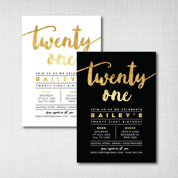 21St Birthday Party Invitations
 PRINTED Twenty First 21st gold foil effect invitations