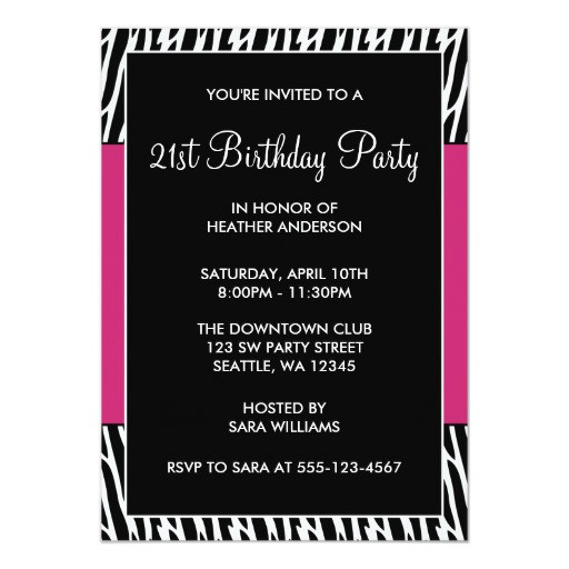 21St Birthday Party Invitations
 Black & Pink Zebra 21st Birthday Party Invitations