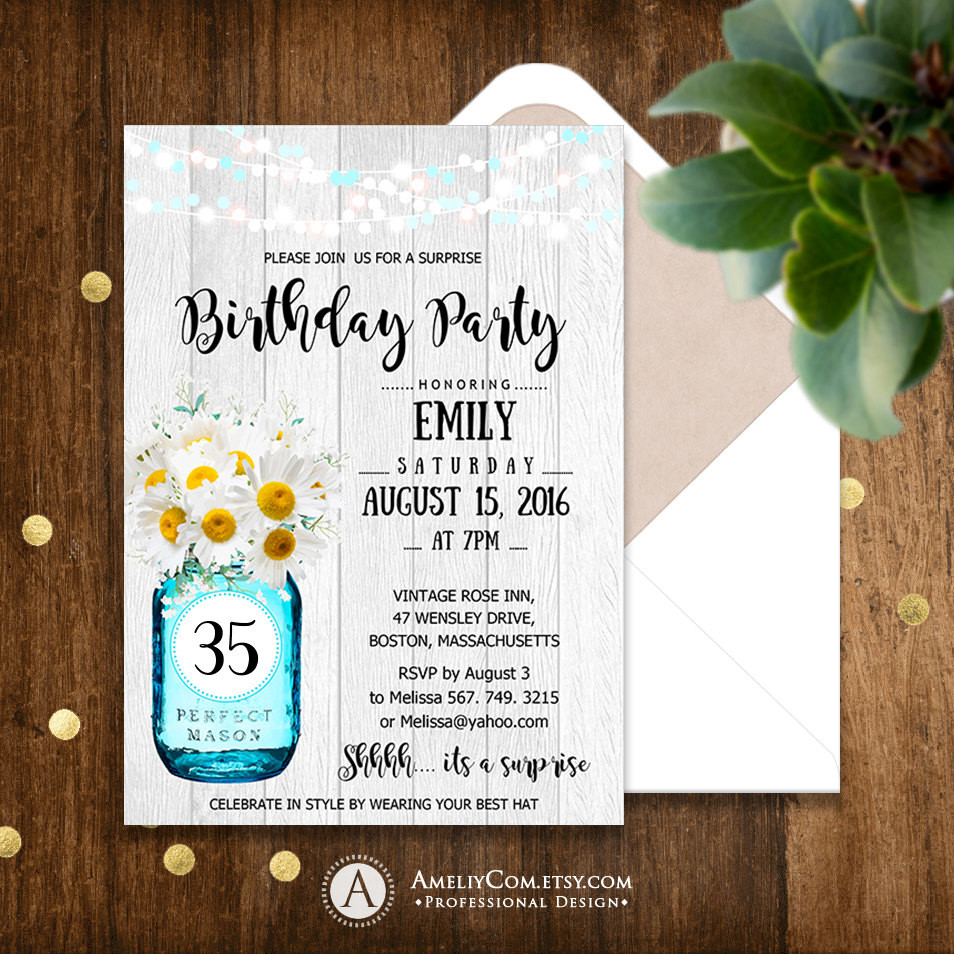 Adult Birthday Party Invitations
 Adult Birthday Party Invitation Printable Mason Jar & Daisy