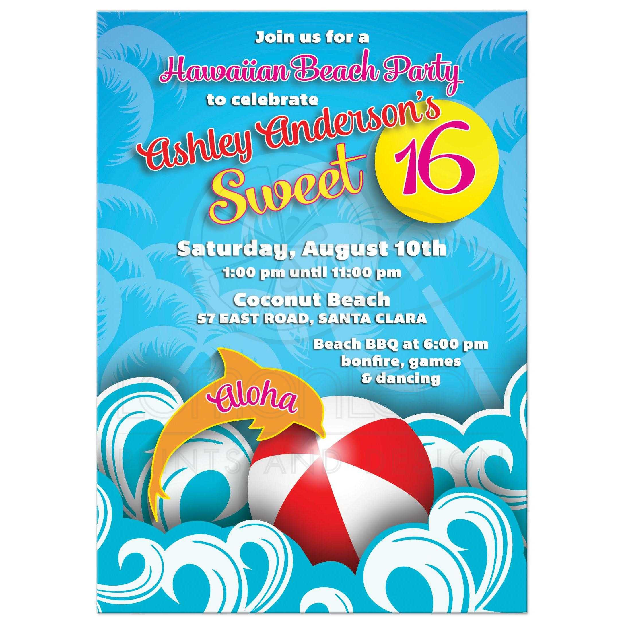 Beach Birthday Party Invitation Ideas
 Hawaiian Beach Sweet 16 Birthday Invitation