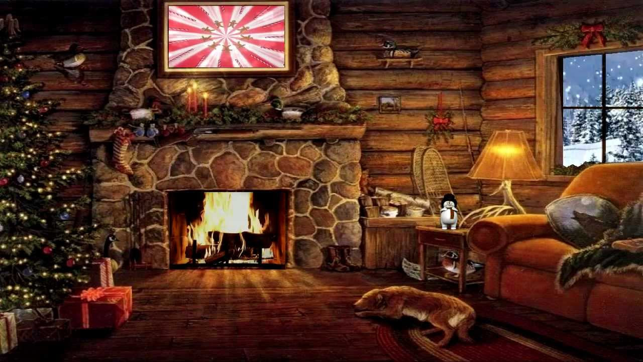 Christmas Background Fireplace
 Christmas Cottage with Yule Log Fireplace and Snow Scene