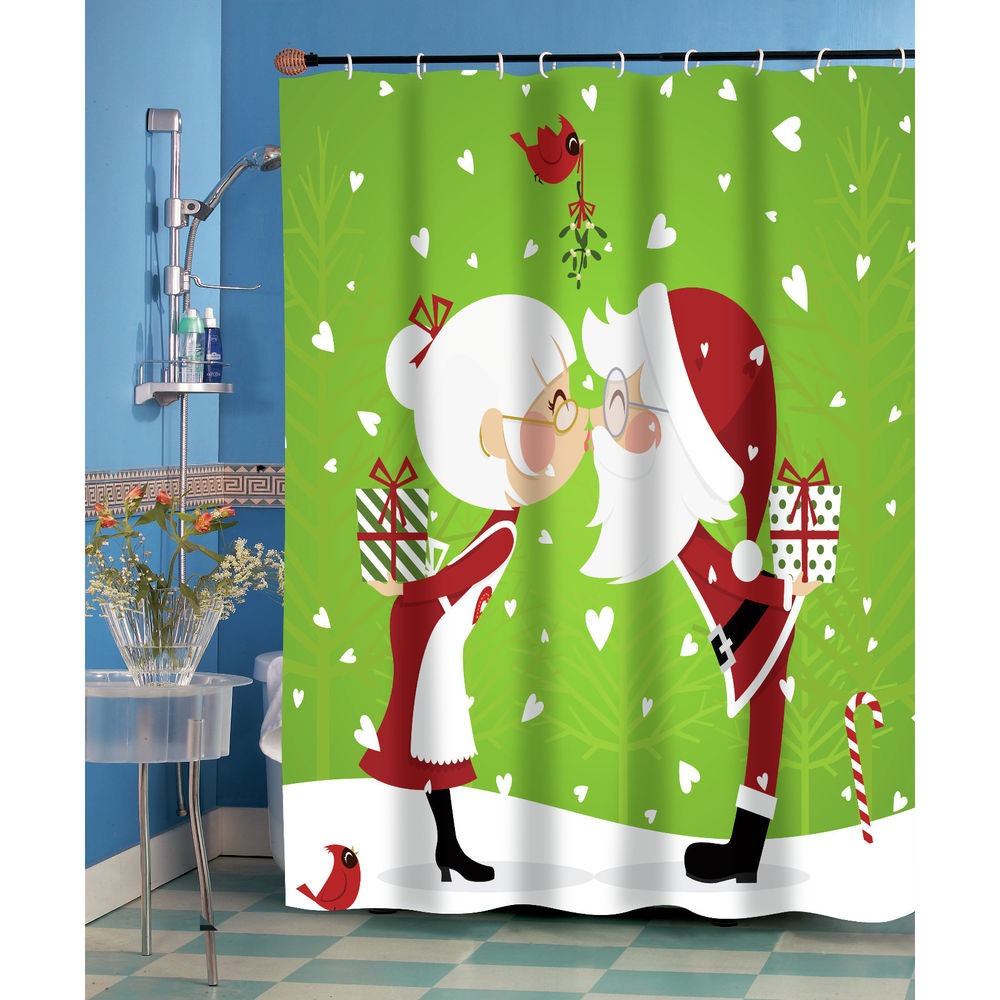 Christmas Bathroom Curtains
 Kissing Mr & Mrs Santa Claus Christmas Fabric Shower