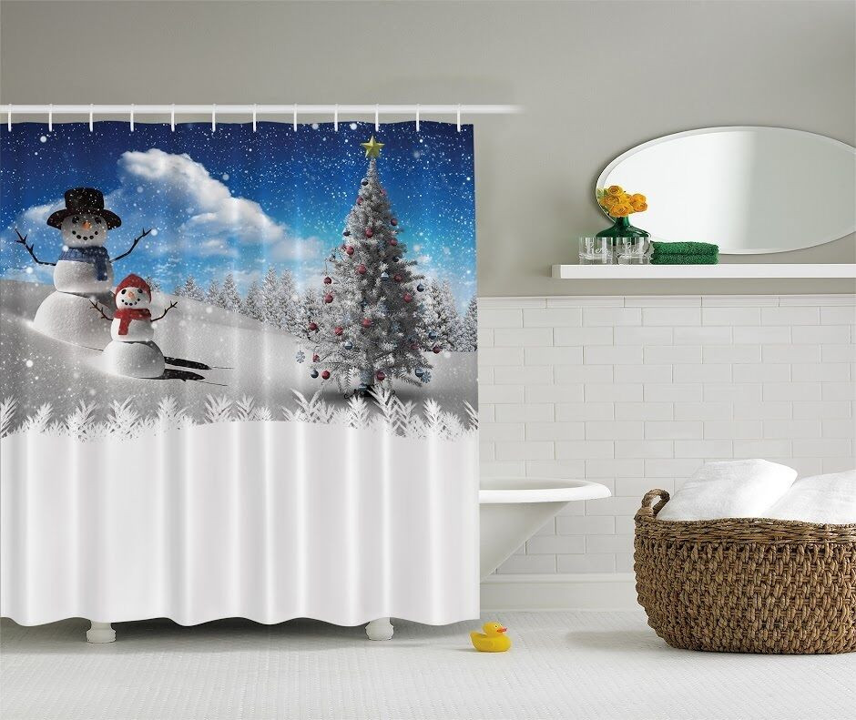 Christmas Bathroom Decor Sets
 Snowman Shower Curtain Christmas Tree Blue White Holiday