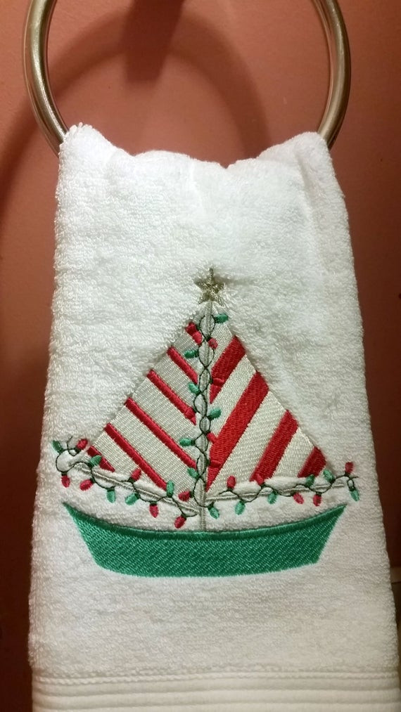 Christmas Bathroom Hand Towels
 Christmas Sailboat Embroidered Bathroom Hand Towel 16x30