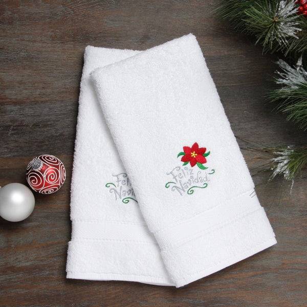 Christmas Bathroom Hand Towels
 Shop Embroidered Feliz Navidad with Poinsettia Holiday