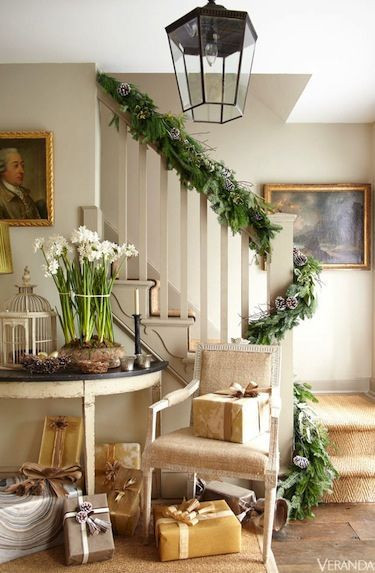 Christmas Entryway Decor
 Holiday entryway decor I love the stairway but the