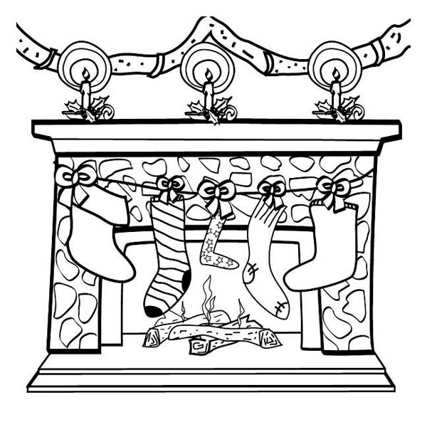 Christmas Fireplace Coloring Page
 Four Christmas Stocking on the Fireplace on Christmas