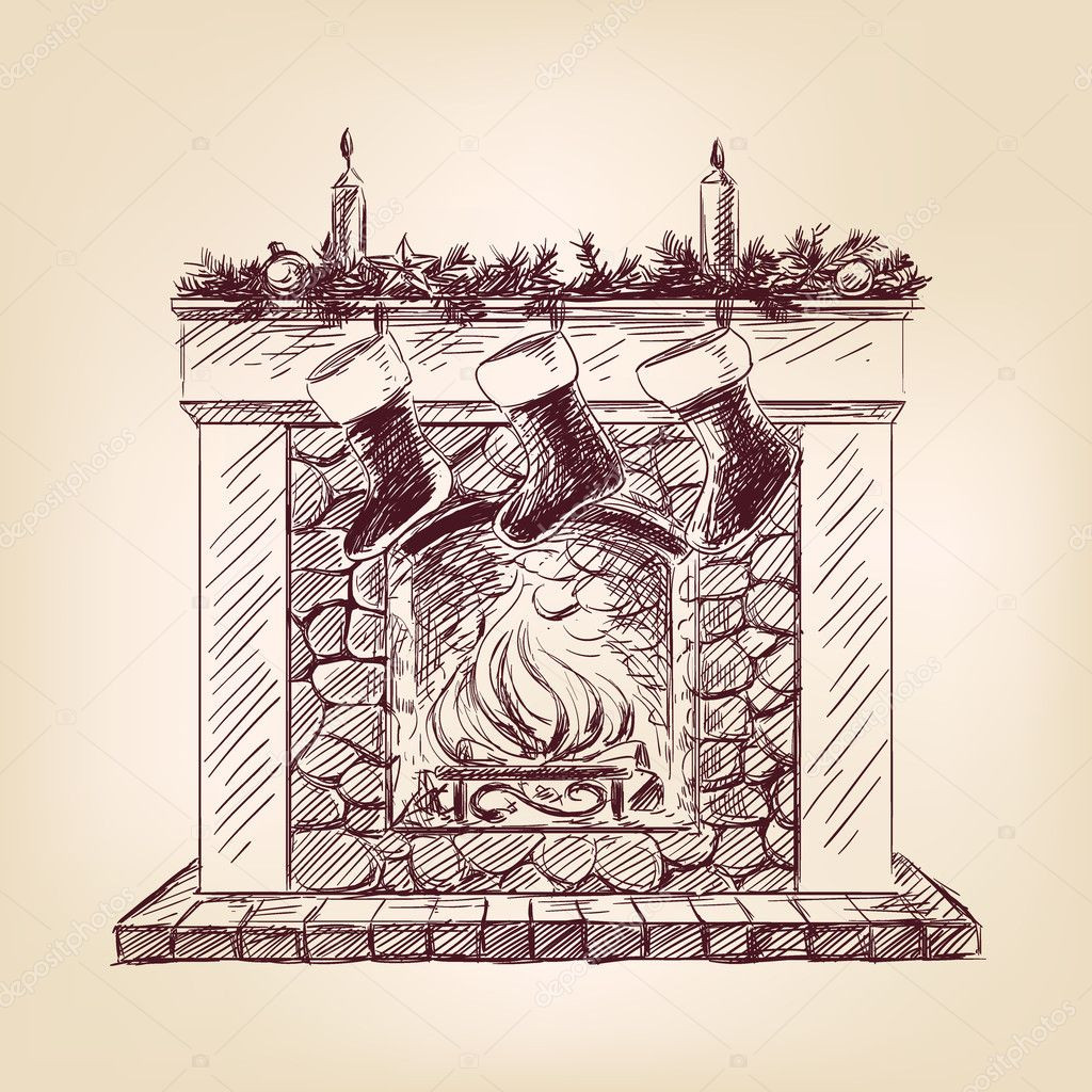Christmas Fireplace Drawings
 Christmas fireplace hand drawn — Stock Vector