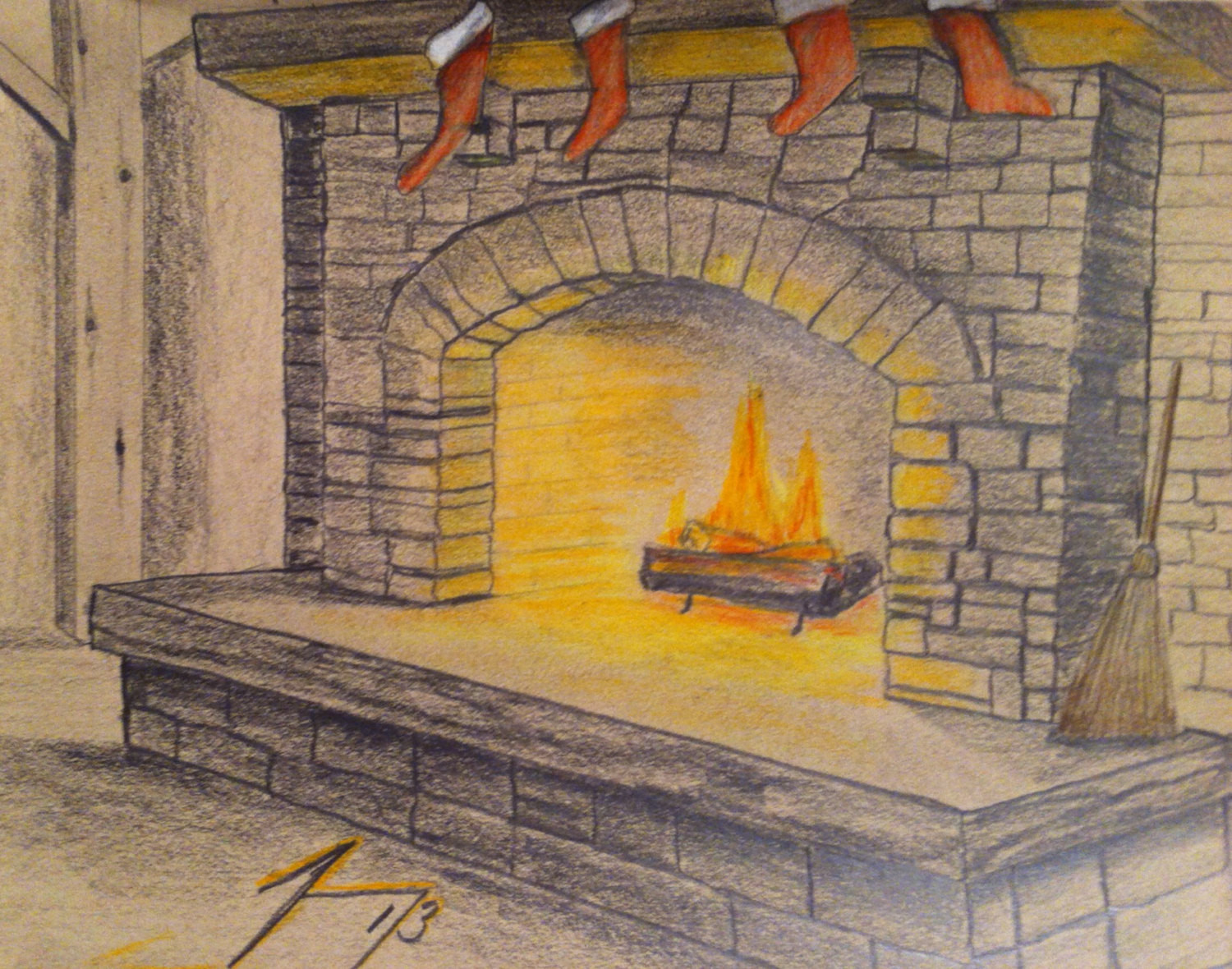 Christmas Fireplace Drawings
 Warm Holiday Fireplace Original Framed Drawing by