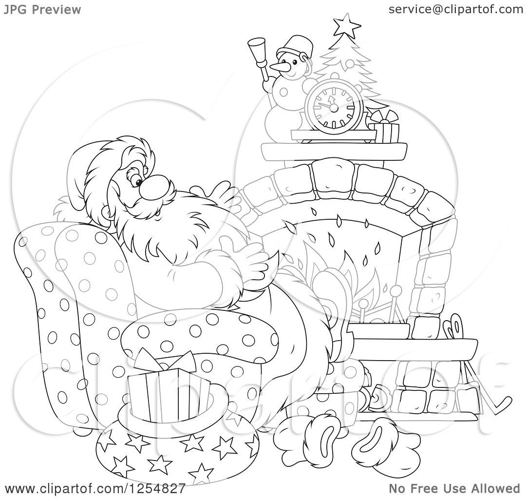 Christmas Fireplace Drawings
 Cartoon of Black and White Santa Relaxing in Front of a