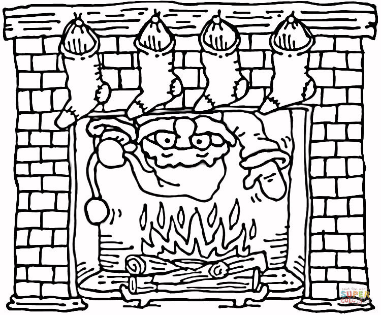 Christmas Fireplace Drawings
 Santa ing out of the Christmas fireplace coloring page