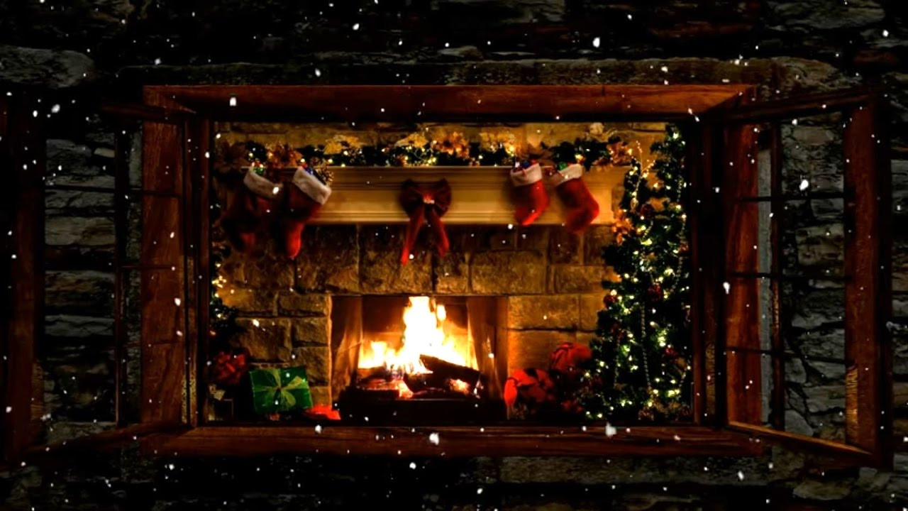 Christmas Fireplace Photo
 Christmas Fireplace Window Scene with Snow and Crackling