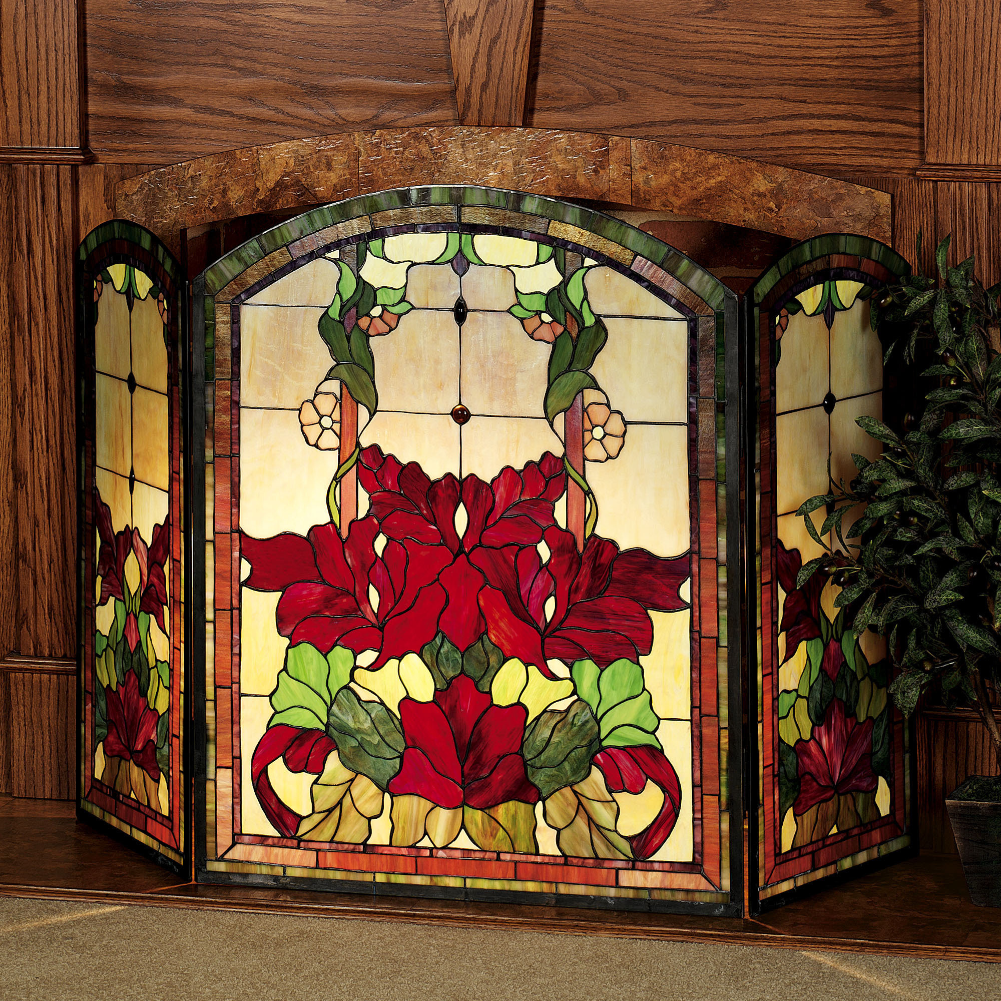 Christmas Fireplace Screen
 Yvette Decorative Floral Stained Glass Fireplace Screen