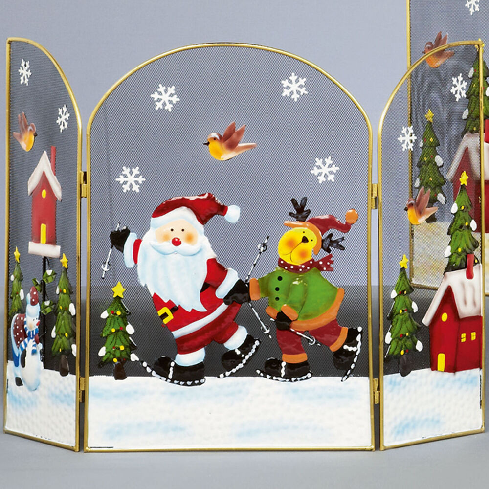 Christmas Fireplace Screens
 Decorative 49cm Christmas Fireguard Metal 3 Panel