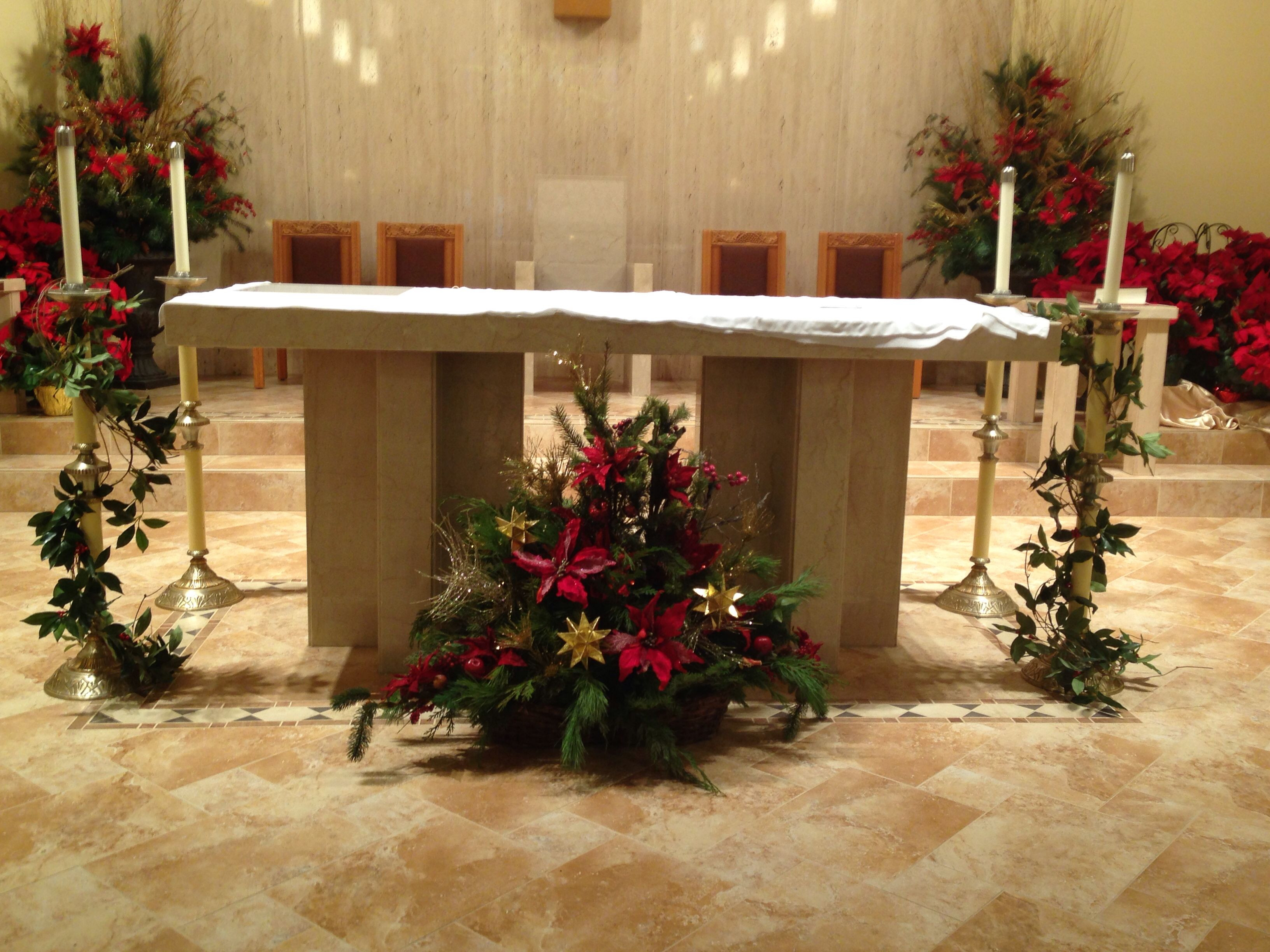 Christmas Floor Decorations
 Fresh greens in basket on floor of Altar Christmas 2013