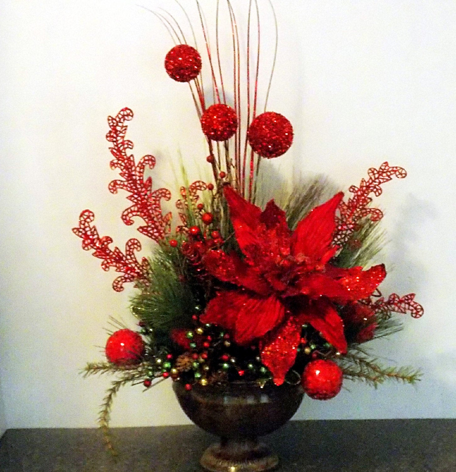 Christmas Flower Centerpieces
 Christmas Floral Arrangement with XL Poinsettia Glitter Balls